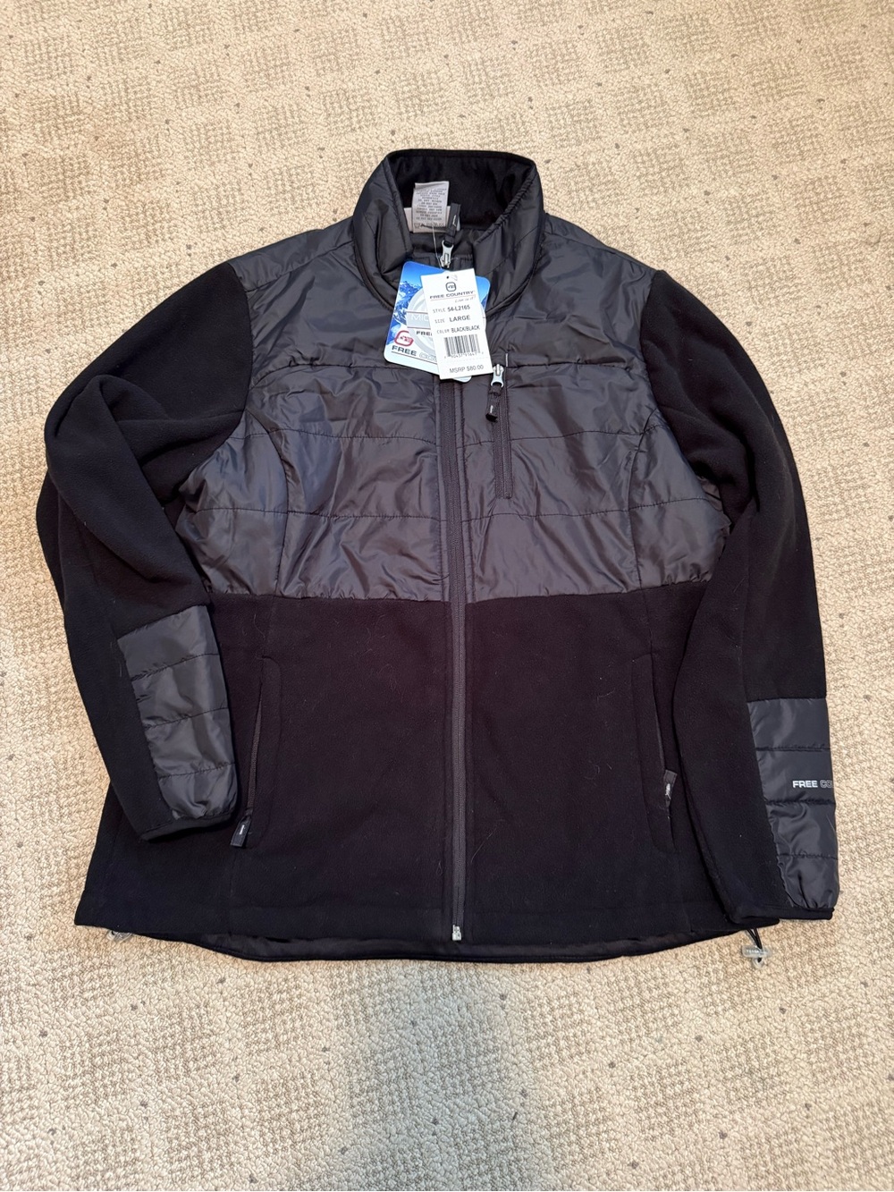 NWT Free Country Women’s Black Quilted Hybrid Puffer Fleece Jacket